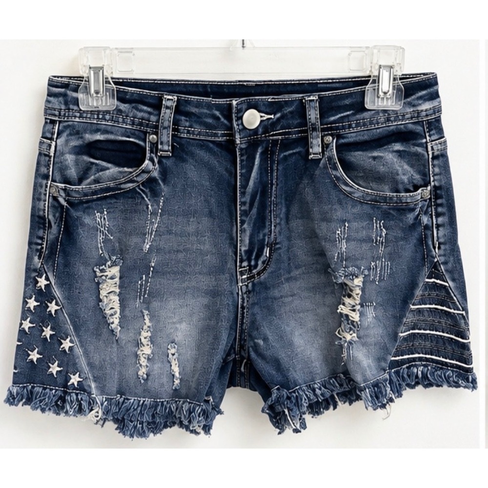 Unbranded Womens Distressed Star Embroidered Denim Shorts Dark Wash Size L